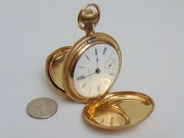 WALTHAM 14kt Gold pocket watch, 154 grams, white porcelain dial, roman numerals, hallmark 14k,