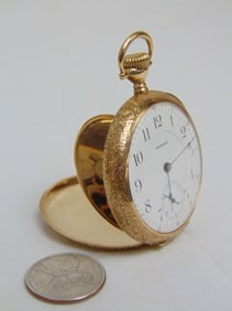 WALTHAM 14kt Gold pocket watch, 90 grams, open face, fancy case, engraved initials, hallmark 14k