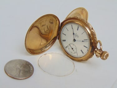 ELGIN GOLD FILLED pocket watch, decorated case w/ birds, flowers, and a cross, hallmark 2301159,