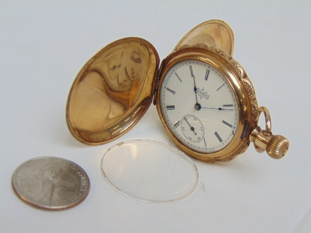 ELGIN GOLD FILLED pocket watch, decorated case w/ birds, flowers, and a cross, hallmark 2301159, (1 of 6)