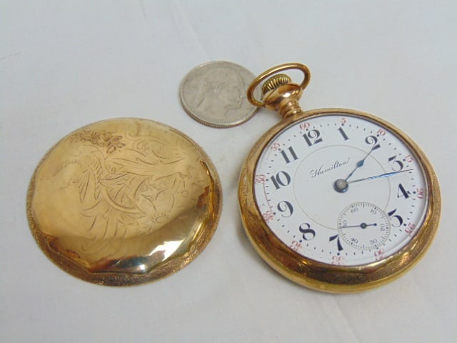 HAMILTON GOLD FILLED pocket watch, open face (1 of 4)