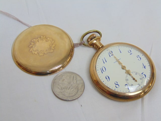 WALTHAM GOLD FILLED pocket watch, open face, blue numerals: WALTHAM GOLD FILLED pocket watch, open face, blue numerals