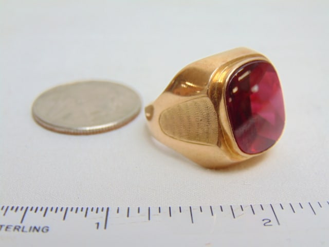 Jewelry. Men's 14kt gold ring 13.88 grams size 9 1/2 w/ faceted pink stone (1 of 4)