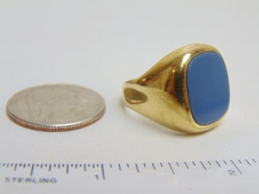 Jewelry. Men's 14kt gold ring 12.25 grams size 10 w/ blue chalcedony intaglio glass