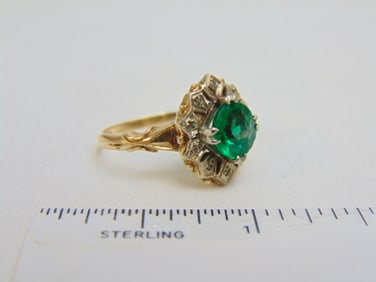 Jewelry. 14kt Gold ring w/ diamond chips & green stone, 2.85 grams, size 5 1/2