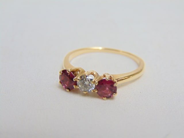 Jewelry. 14kt Gold three stone ring, 2.60 grams, size 8.25, diamond & pink/red gemstones, diamond (1 of 3)