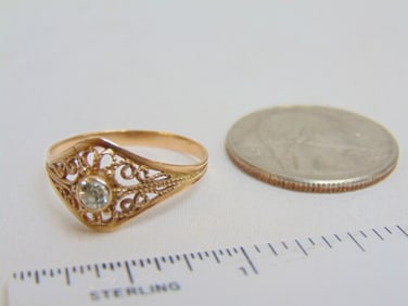 Jewelry. 14kt Gold filigree diamond ring, central bezel set diamond, 3mm, 1.75 grams, size 9 1/2,