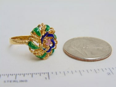 Jewelry. 18kt Gold enamel ring, 5.15 grams, size 6, blue & green enamel & small central pink