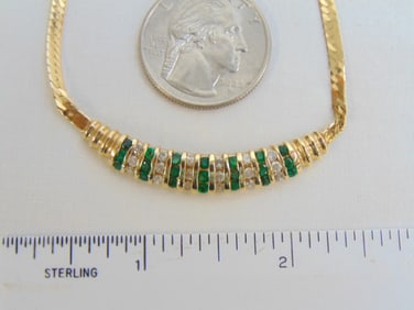 Jewelry. 14kt Diamond & emerald necklace, 10.65 grams, 7 rows of 3 round emerald & 6 rows of 3