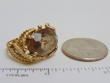 Jewelry. Vintage 14kt Gold ring w/ smokey quartz, 9.40 grams, size 5, shank bent