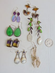 Jewelry. Sterling lot of 7 pairs of earrings w/ various stones