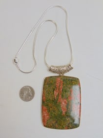 Jewelry. Sterling Unakite Jasper stone necklace, large size, 3" x 2 1/2" sterling chain and setting