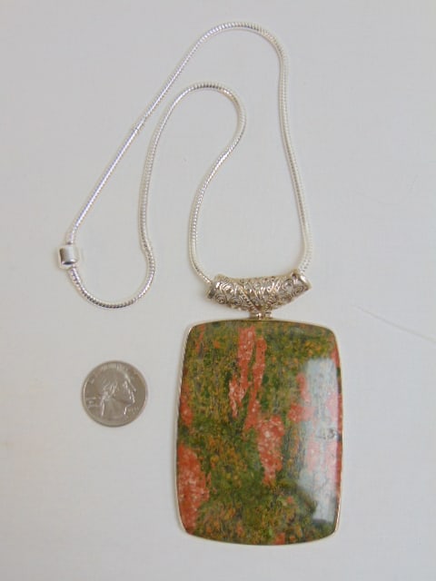 Jewelry. Sterling Unakite Jasper stone necklace, large size, 3" x 2 1/2" sterling chain and setting (1 of 4)