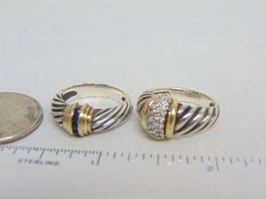 Jewelry. (2) David Yurman rings, pave diamond 18kt & sterling dome ring 7.50 grams size 6 & sapphire