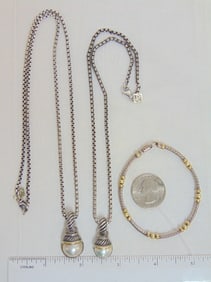 Jewelry. 3pc David Yurman 2 necklaces & 1 bracelet to include 2 DY sterling chain w/ DY pearl