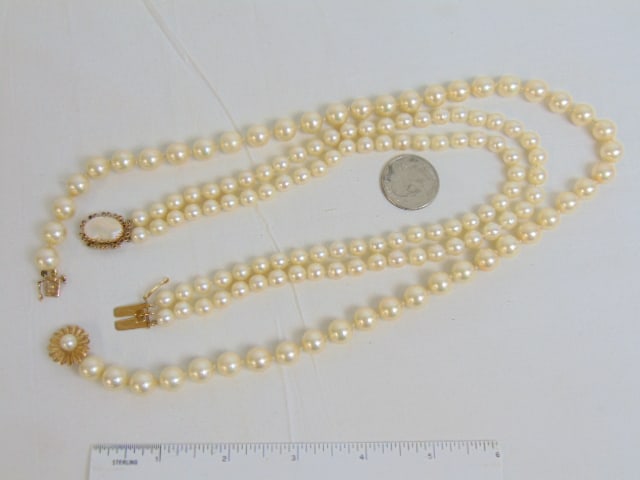 Jewelry. Double strand Vintage pearl necklace w/ 14kt gold pearl clasp, tested. & faux pearl: Jewelry. Double strand Vintage pearl necklace w/ 14kt gold pearl clasp, tested. & faux pearl necklace w/ 14kt clasp w/ pearl