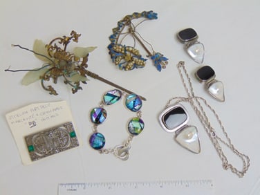 Jewelry. Sterling lot & other to include marcasite pin, dichroic glass sterling bracelet, black onyx