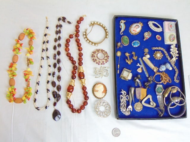 Costume & sterling jewelry lot to include rhinestones, cameo pin, vintage wristwatches, sterling (1 of 9)