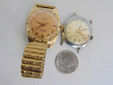 Jewelry. (2) Vintage wristwatches, Baume & Mercier watch face, Geneve 17 jewels, # 455661 118, &