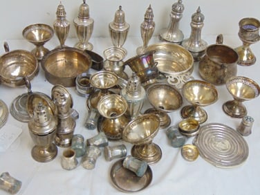 Large lot misc. sterling silver, salt & pepper, cups, bowls, more, 42 troy