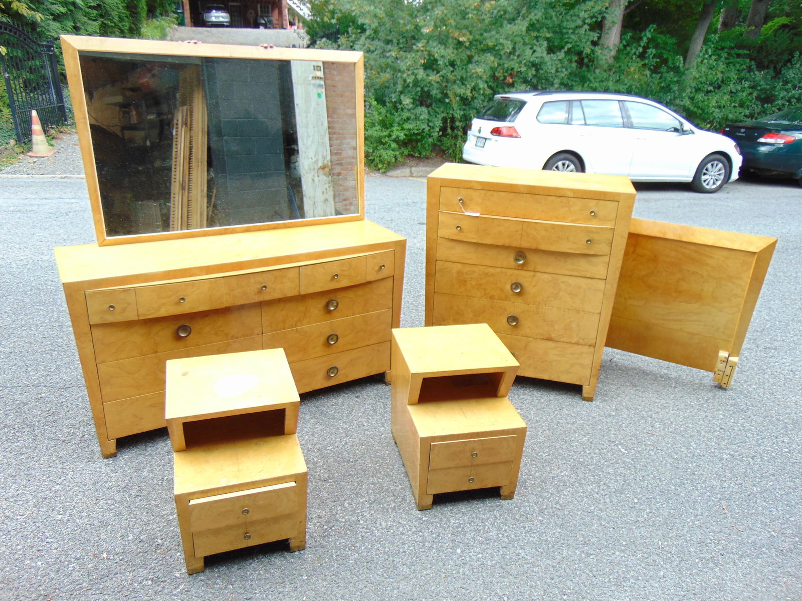 Mid Century bedroom set, blond veneer, two chests, pair nightstands, bed. (1 of 6)