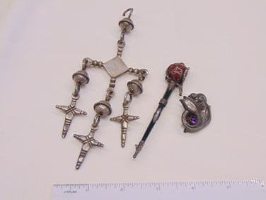 Jewelry lot Georg Jensen pin with cabochon amethyst, hallmark G J 925 Denmark 100 A & Antique blood