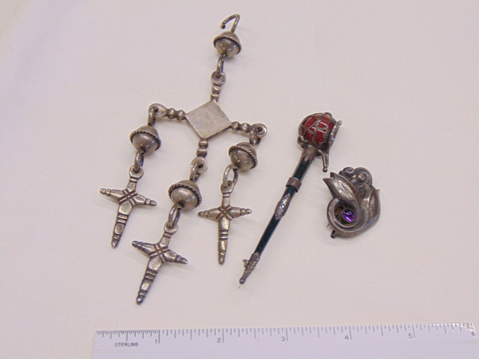 Jewelry lot Georg Jensen pin with cabochon amethyst, hallmark G J  925 Denmark 100 A & Antique blood (1 of 6)