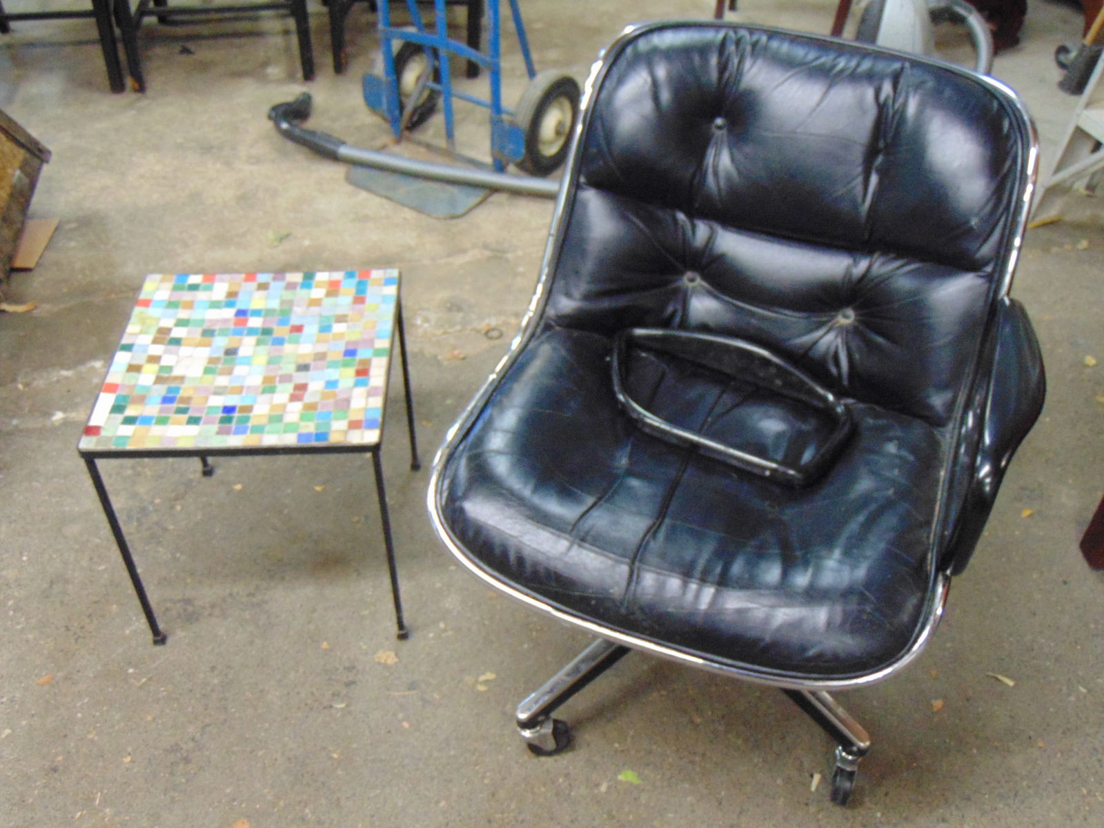 Knoll desk chair, chrome & black leather & small mosaic tile top stand, chair has loose arm, stand i (1 of 6)