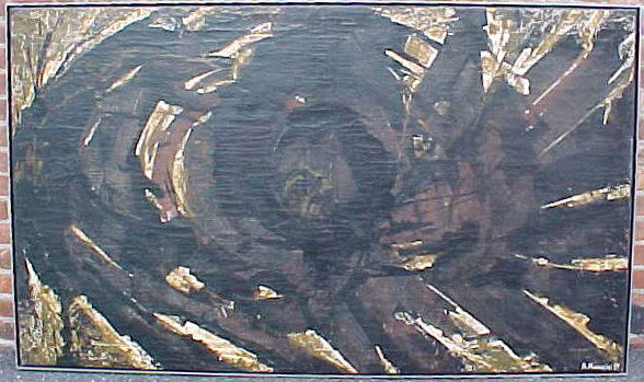 O/C, "Energia Prima" 1959, sgd. Alvaro Monnini: O/C, "Energia Prima" 1959, sgd. Alvaro Monnini, 38" by 65.75", all original, paper label on back, no tears, damage or repairs, from Manhattan penthouse, two more Monnini's in this sale