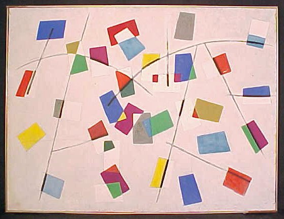 O/C, abstract, signed James Meilke Guy: O/C, abstract composition, signed James Meilke Guy, 37.5" by 50", found in basement, dirty and signs of mildew on back, needs cleaning