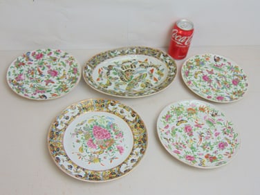 4 butterfly decorated Chinese, Asian dishes, one oval, 4 round, several chips on rims, oval is