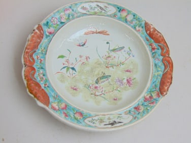 Cricket decorated Chinese deep plate or bowl, has chip, 10 5/8" by 10"