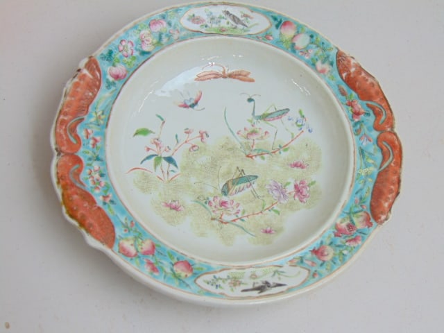Cricket decorated Chinese deep plate or bowl, has chip, 10 5/8" by 10" (1 of 4)