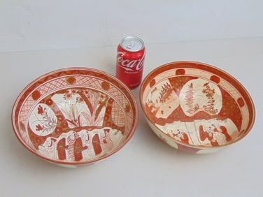 Two Chinese porcelain bowls, decorated with figures, signed, 9.5" in diameter, height is 3.5", one