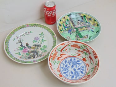 3 Asian porcelain pieces, plate with exotic bird, 10", bowl, 8.25" & deep plate 9 1/8"