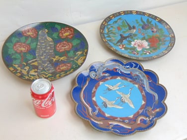 3 Cloisonne plates decorated with flowers, birds, dragons, 12.25" in diameter, all three have
