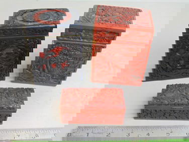 3 fine quality Cinnabar boxes, 2 in red, one in black & red, large red box is 3.25" by 2.5", height