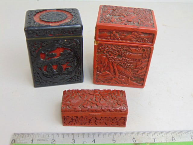 3 fine quality Cinnabar boxes, 2 in red, one in black & red, large red box is 3.25" by 2.5", height (1 of 5)
