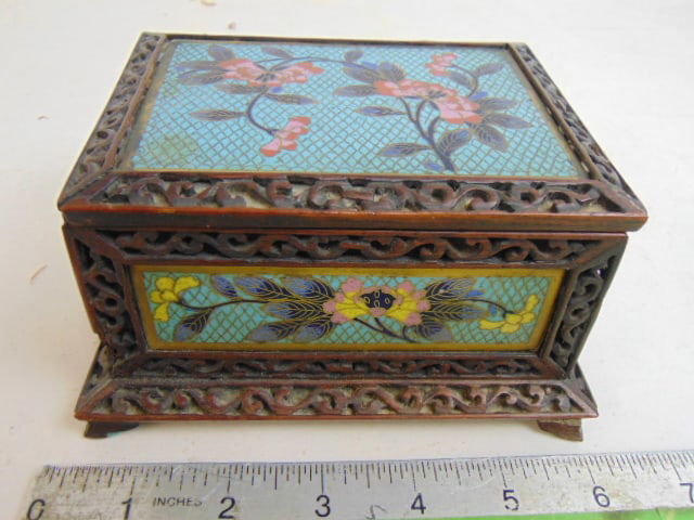 Fine quality cloisonne & carved wood box , floral decorated, nice carved detail, box is 5 7/8" by: Fine quality cloisonne & carved wood box , floral decorated, nice carved detail, box is 5 7/8" by 4.75", height is 3.25"