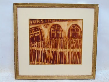 Painting, "Nursing Home", by Takeo Shiiki, oil on paper, with Lovisco Gallery label, 18,25" by 20"