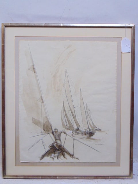Drawing, sailboat race, signed Henri Koeshen (??), on paper, total size is 28.75" by 24.25" (1 of 4)