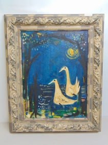 Painting, "Swan Lake", signed Virginia Garretson, oil on canvas, framed size is 31.5" by 25.5",