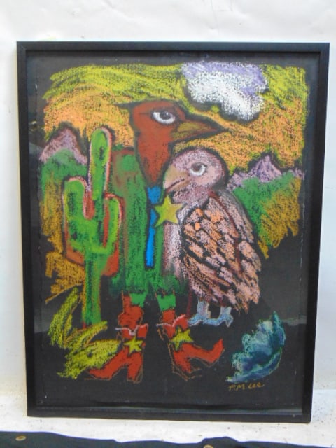 Painting, birds, crayon on black paper, signed P.M. Lee, 33" by 25.5": Painting, birds, crayon on black paper, signed P.M. Lee, 33" by 25.5"