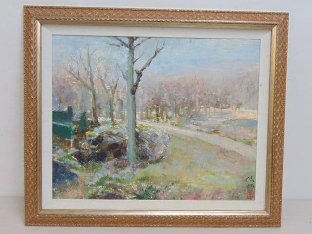 Painting, landscape with trees, signed (Chinese ?), oil on canvas board, 20.5" by 24.5": Painting, landscape with trees, signed (Chinese ?), oil on canvas board, 20.5" by 24.5"