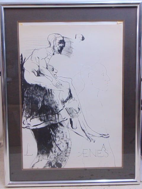 Lithograph, "Aeneas", signed Leonard Baskin, print loose in frame, needs securing, framed size is (1 of 4)