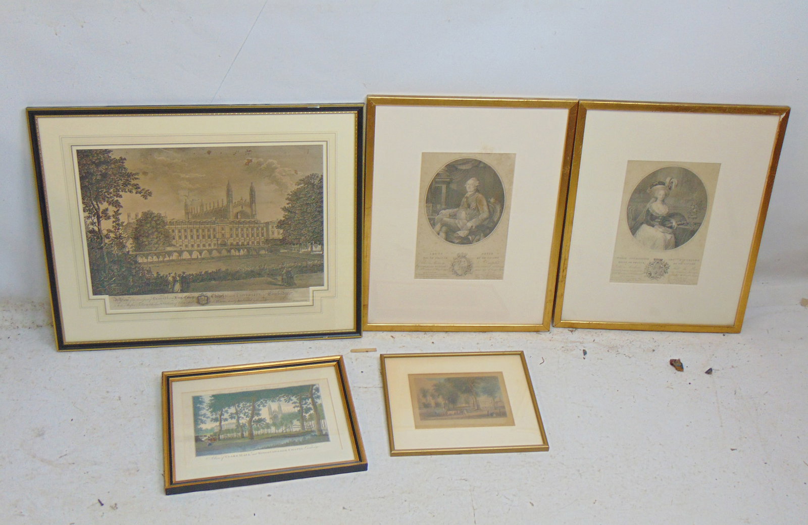 5 prints, college relates, includes King's College Chapel, Cambridge, 21.25" by 26.25"plus: 5 prints, college relates, includes King's College Chapel, Cambridge, 21.25" by 26.25"plus portraits, Louis Roi de France & Marie Antoinette, more