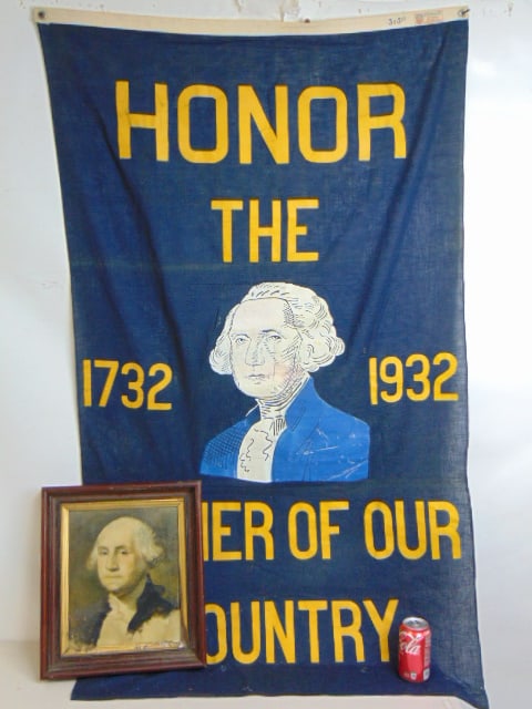 Washington & banner, "Washington, Father of Our Country",1732-1932 banner and Victorian framed print (1 of 4)