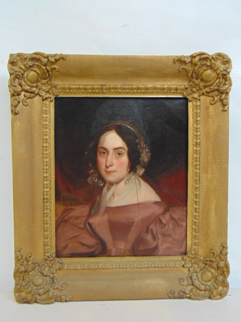 Painting, portrait of a lady with lace cap, unsigned, oil on canvas, relined, 12" by 10.25": Painting, portrait of a lady with lace cap, unsigned, oil on canvas, relined, 12" by 10.25" stretcher, 16.75" by 14 5/8" framed