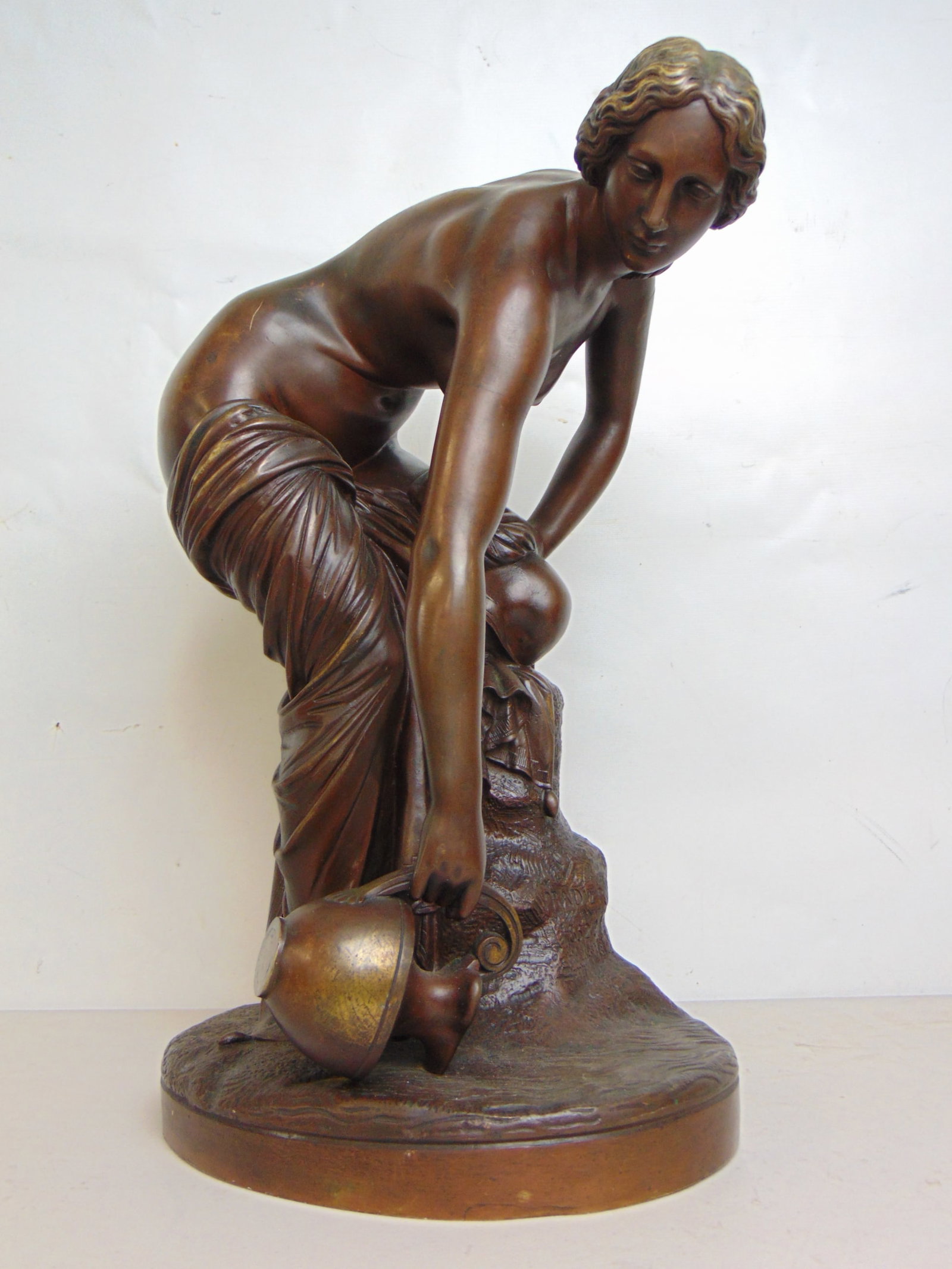 Bronze figure, woman with water jug, signed James Pradier, 1852, height is 18.25": Bronze figure, woman with water jug, signed James Pradier, 1852, height is 18.25"