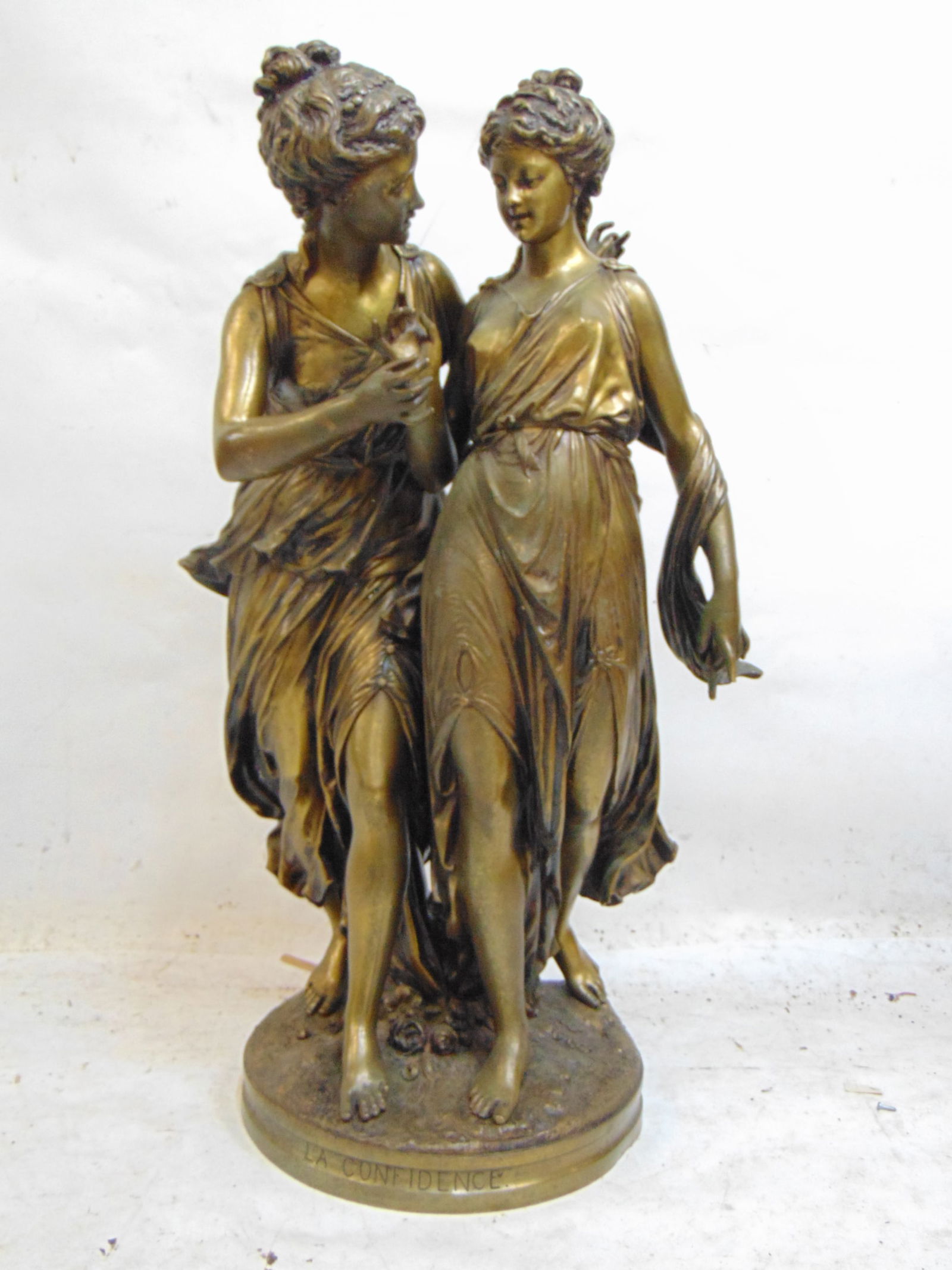 Large bronze, "La Confidence", signed Gregoire (Jean-Louis), has small dent rear base, some pitting (1 of 7)